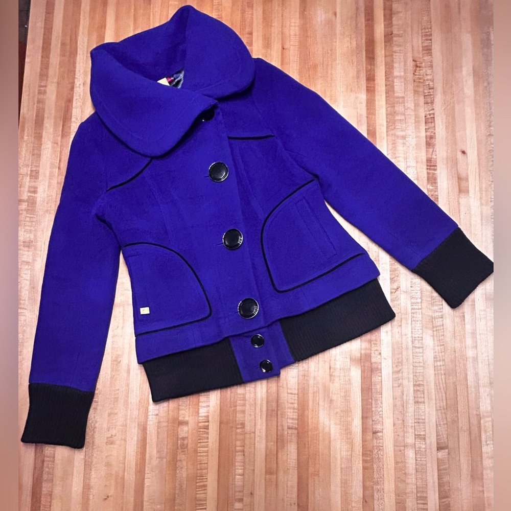 Soia & Kyo Women's Deep Vibrant Purple Pea Coat with Black Trim